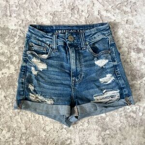 American Eagle Curvy High Rise Blue Jean Shorts Distressed